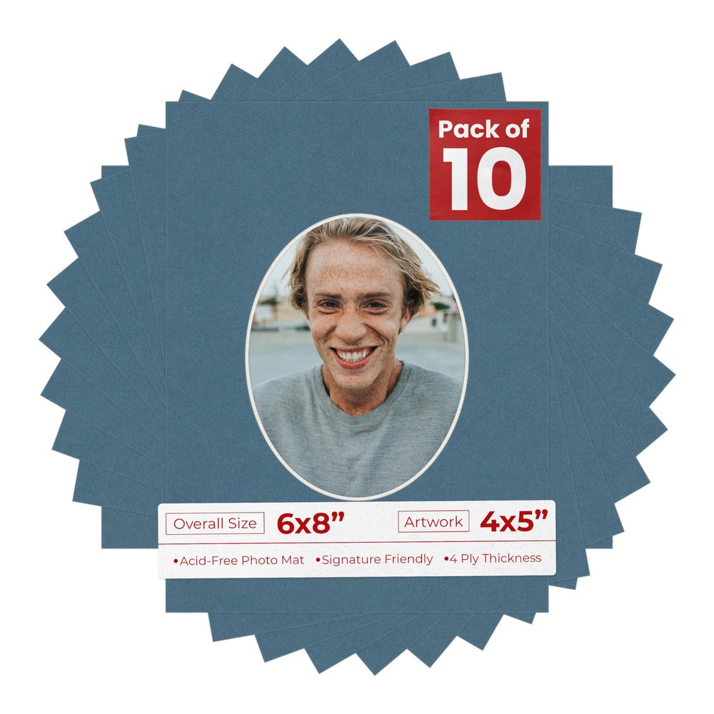 6x8 Mat Bevel Cut for 4x5 Photos - Precut Steel Blue Oval Shaped Photo Mat Board Opening - Acid Free Matte to Protect Your Pictures - Bevel Cut for Family Photos, Pack of 10 Matboards