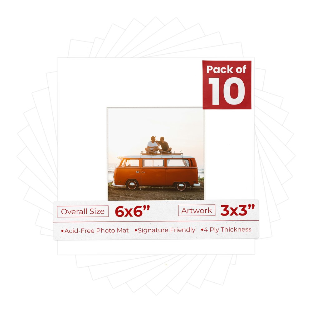 6x6 Mat Bevel Cut for 3x3 Photos - Precut Textured White Square Shaped Photo Mat Board Opening - Acid Free Matte to Protect Your Pictures - Bevel Cut for Family Photos, Pack of 10 Matboards