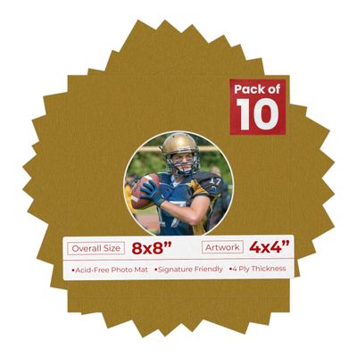 8x8 Mat Bevel Cut for 4x4 Photos - Precut Metallic Gold Circle Shaped Photo Mat Board Opening - Acid Free Matte to Protect Your Pictures - Bevel Cut for Family Photos, Pack of 10 Matboards