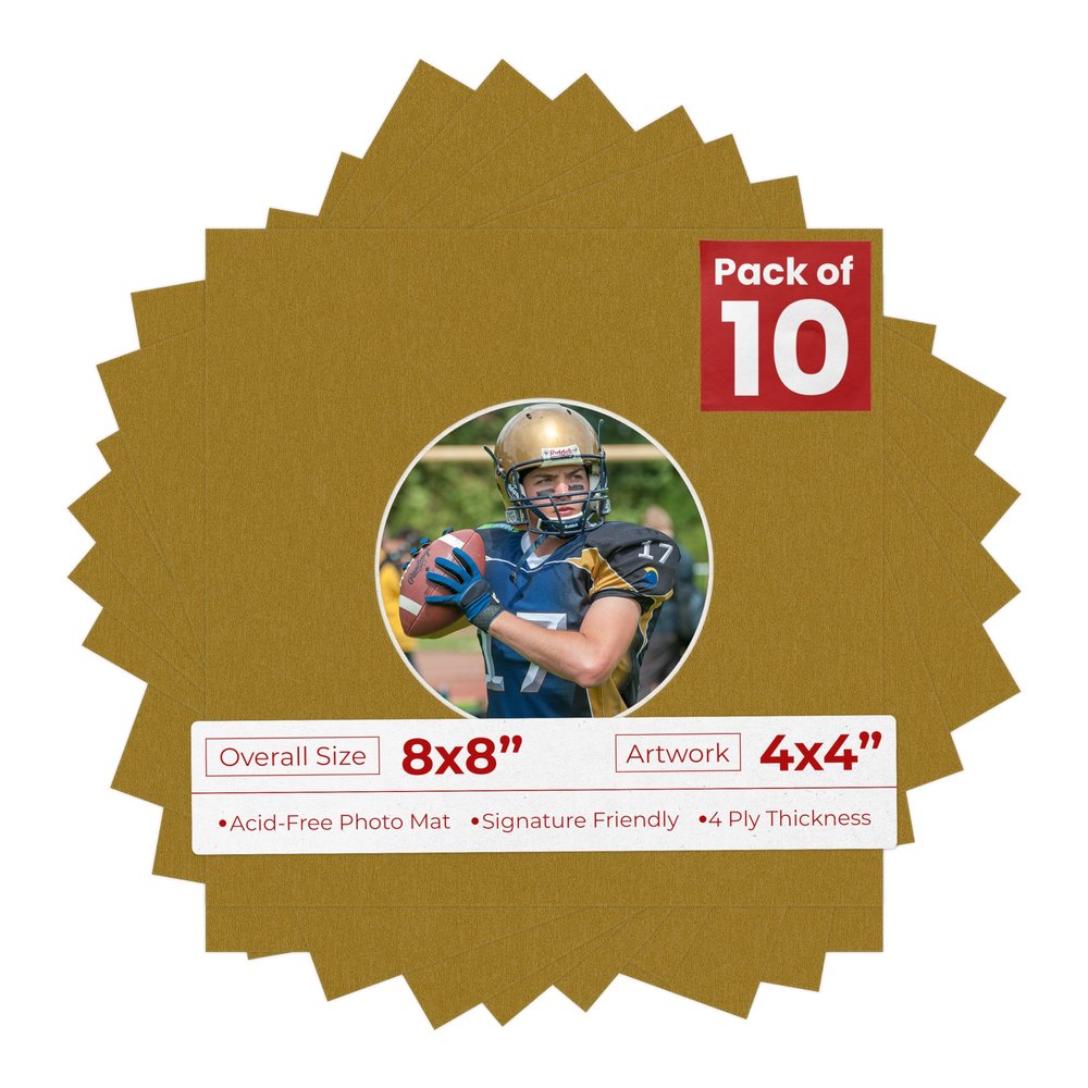 8x8 Mat Bevel Cut for 4x4 Photos - Precut Metallic Gold Circle Shaped Photo Mat Board Opening - Acid Free Matte to Protect Your Pictures - Bevel Cut for Family Photos, Pack of 10 Matboards