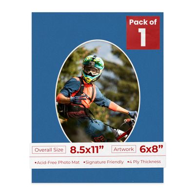 Poster Palooza 8.5x11 Mat Bevel Cut for 6x8 Photos - Precut Royal Blue Oval Shaped Photo Mat Board Opening - Acid Free Matte to Protect Your Pictures - Bevel Cut for Family Photos, Pack of 1 Matboard