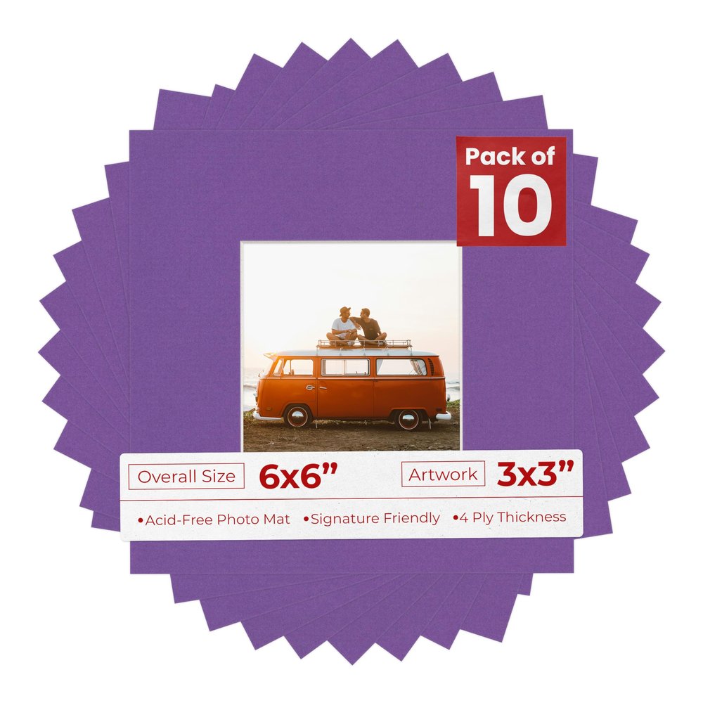 6x6 Mat Bevel Cut for 3x3 Photos - Precut Dark Purple Square Shaped Photo Mat Board Opening - Acid Free Matte to Protect Your Pictures - Bevel Cut for Family Photos, Pack of 10 Matboards