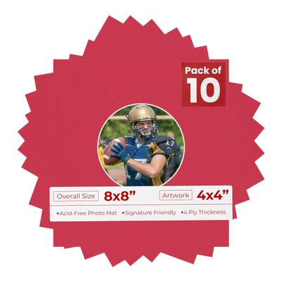 8x8 Mat Bevel Cut for 4x4 Photos - Precut Deep Red Circle Shaped Photo Mat Board Opening - Acid Free Matte to Protect Your Pictures - Bevel Cut for Family Photos, Pack of 10 Matboards