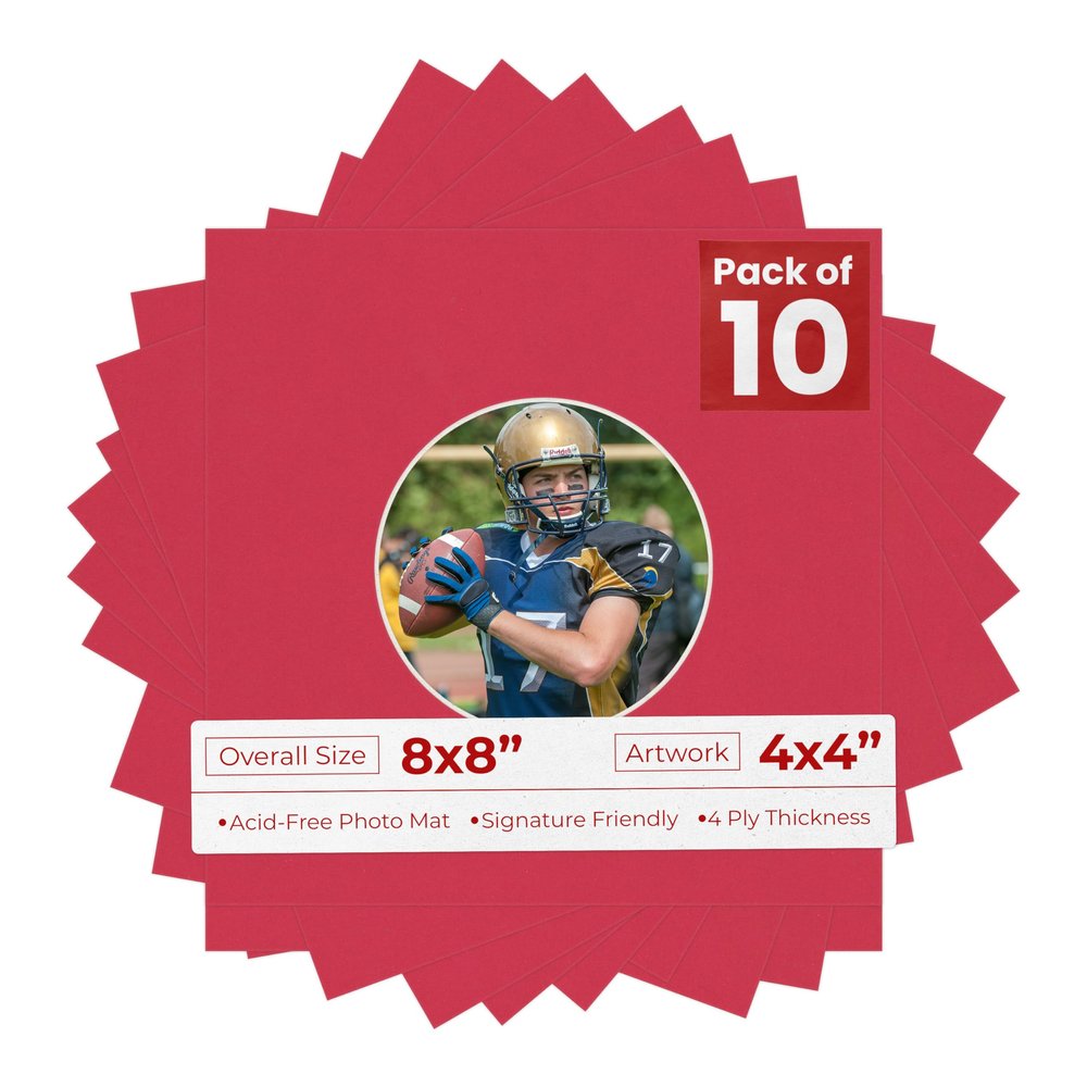 8x8 Mat Bevel Cut for 4x4 Photos - Precut Deep Red Circle Shaped Photo Mat Board Opening - Acid Free Matte to Protect Your Pictures - Bevel Cut for Family Photos, Pack of 10 Matboards