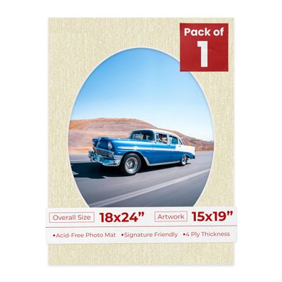 18x24 Mat Bevel Cut for 15x19 Photos - Precut Fresh Linen Canvas Oval Shaped Photo Mat Board Opening - Acid Free Matte to Protect Your Pictures - Bevel Cut for Family Photos, Pack of 1 Matboard