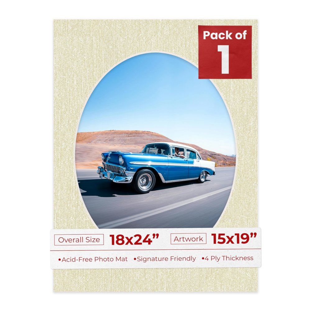 18x24 Mat Bevel Cut for 15x19 Photos - Precut Fresh Linen Canvas Oval Shaped Photo Mat Board Opening - Acid Free Matte to Protect Your Pictures - Bevel Cut for Family Photos, Pack of 1 Matboard