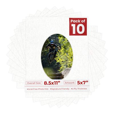 8.5x11 Mat Bevel Cut for 5x7 Photos - Precut White Linen Canvas Oval Shaped Photo Mat Board Opening - Acid Free Matte to Protect Your Pictures - Bevel Cut for Family Photos, Pack of 10 Matboards
