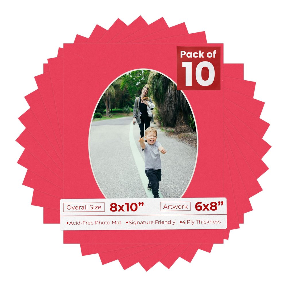 8x10 Mat Bevel Cut for 6x8 Photos - Precut Cardinal Red Oval Shaped Photo Mat Board Opening - Acid Free Matte to Protect Your Pictures - Bevel Cut for Family Photos, Pack of 10 Matboards