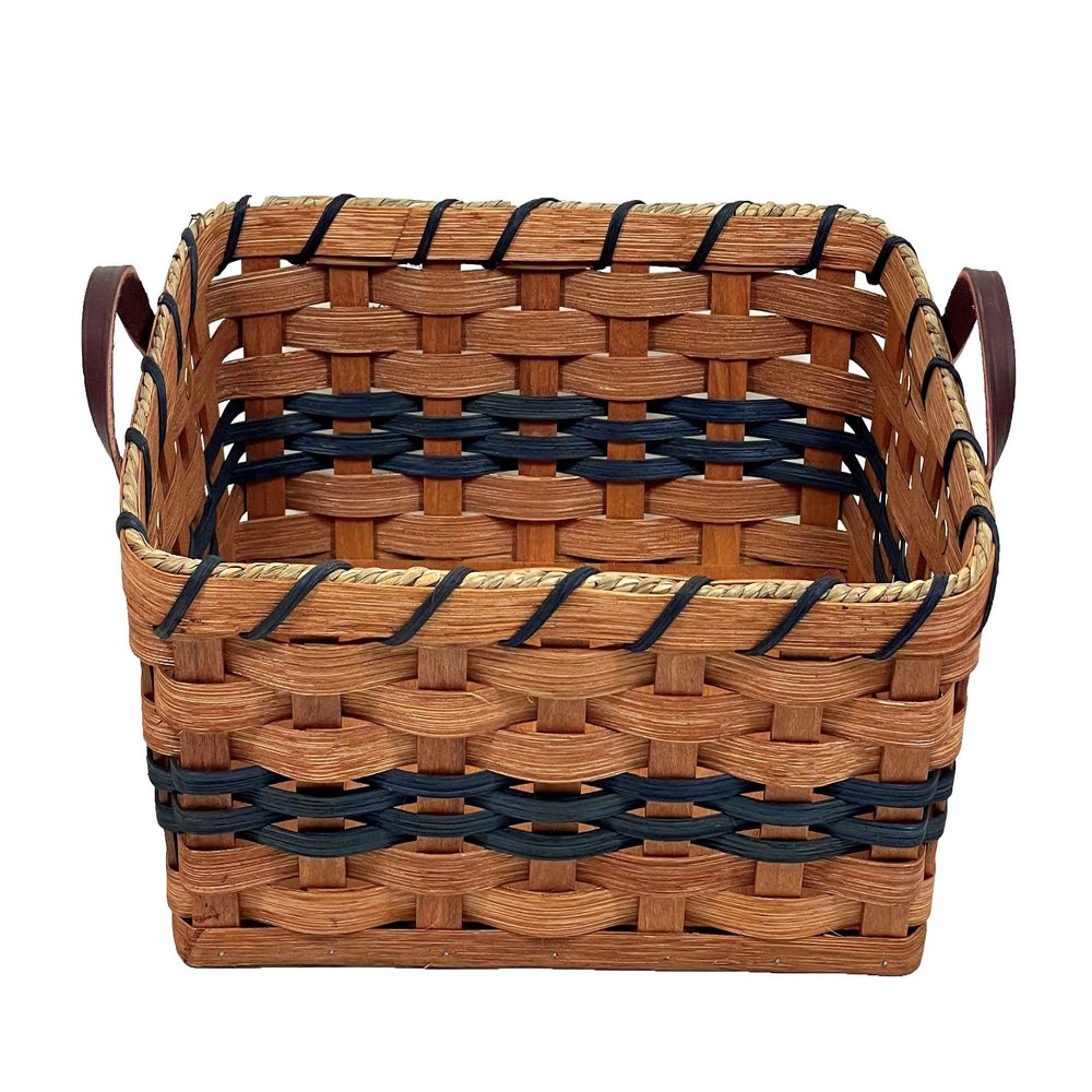 AMISH BASKETS AND BEYOND Amish Oak Fruit Basket Small With Leather Handles (Blue)