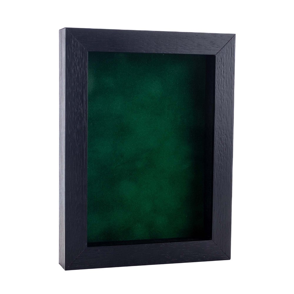 11x14 Shadow Box Frame Textured Black Wood | with a 3/4" Usable Display Depth | Includes a Forest Green Real Suede Texture Acid-Free Backing Board, UV Resistant Acrylic, and Hanging Hardware