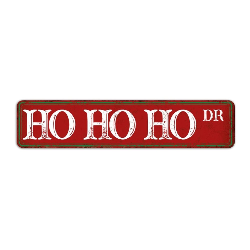 Vintage Retro Christmas Street Sign, Novelty Red Christmas Sign, HO HO HO Holiday Aluminum Sign, 4 X 18 Inch
