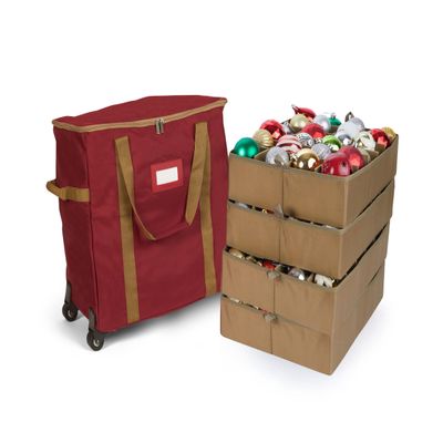 Covermates Keepsakes Rolling Adjustable Ornament Storage Bag  Heavy-Duty Polyester, FlexGrid Trays & Padded Dividers  Protective Holiday Organizer with Wheels, Handles & ID Window, Red
