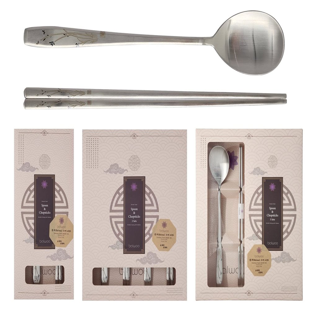 BALWOO [5 Sets] [Made in Korea] Orchid Design Korean Style Sticky Rice Spoon Chopsticks Set Silverware Set 304 Stainless Steel Cutlery Set Soup Spoon Ramen Chopsticks Flatware (5 Sets)