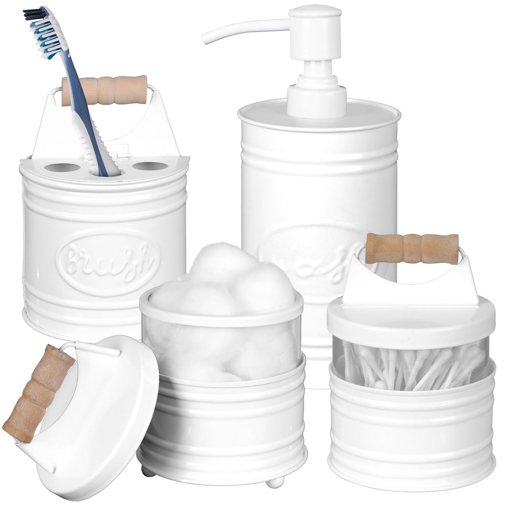 Autumn Alley White Bathroom Accessories Set 4 - Farmhouse Soap Dispenser, Toothbrush Holder, 2 Apothecary Jars Qtip Holder - White Bathroom Decor  Rustic Farmhouse Bathroom Accessories