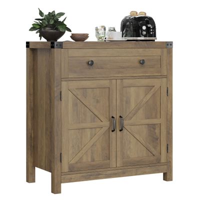 HOSTACK Coffee Bar Cabinet, Kitchen Storage Cabinet, Modern Farmhouse Buffet Sideboard with Drawer and Adjustable Shelf, Barn Door Accent Cabinets for Kitchen, Dining Room, Entryway,Rustic Brown