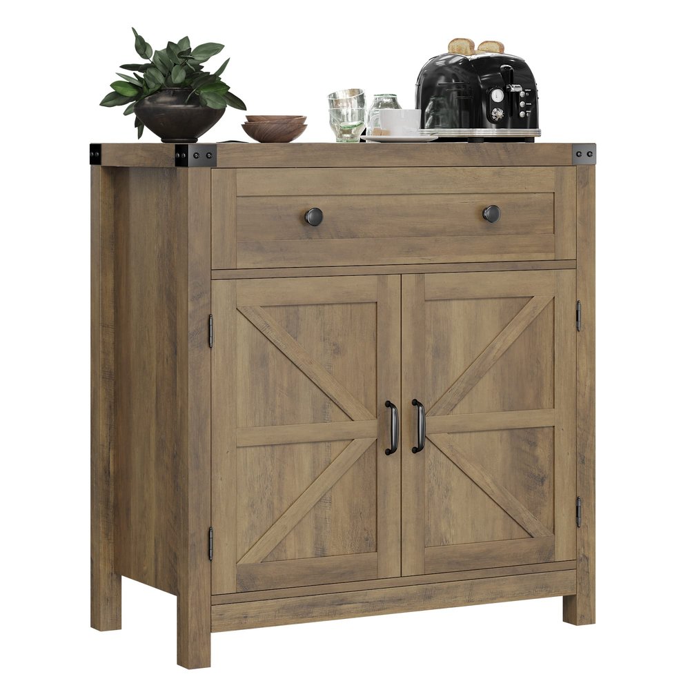 HOSTACK Coffee Bar Cabinet, Kitchen Storage Cabinet, Modern Farmhouse Buffet Sideboard with Drawer and Adjustable Shelf, Barn Door Accent Cabinets for Kitchen, Dining Room, Entryway,Rustic Brown