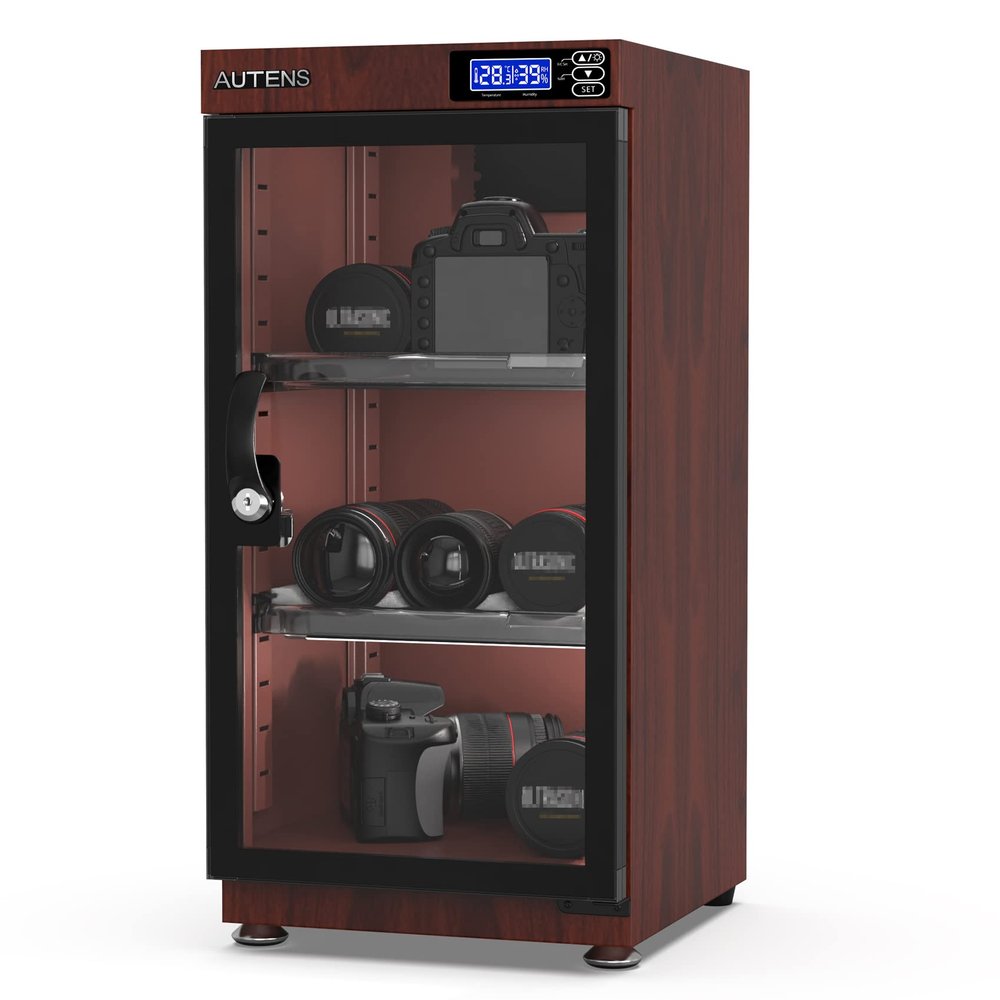 AUTENS 50L Dehumidifying Dry Cabinet Box, Wood grain Design Digital Control Noiseless and Energy Saving, for Camera Lens and Electronic Equipment Storage,Temperature Humidity LED Dual Screen
