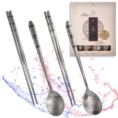 BALWOO [Made in Korea] Dancheong Design Korean Table Spoon and Chopsticks Set, Vacuum Spoon Chopsticks Light Weight Cutlery, 304 Stainless Steel Matt Surface Mukbang Flatware (Blue and Red)