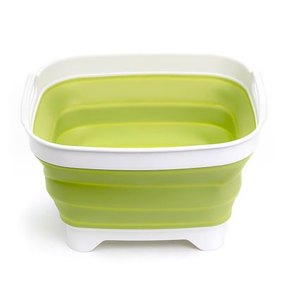 SAMMART 7.5L (2 gallons) Collapsible Plastic Dishpan with Draining Plug - Portable Washing Basin - Foldable Washing Tub - Pop Up Saving (White/Olive Green)