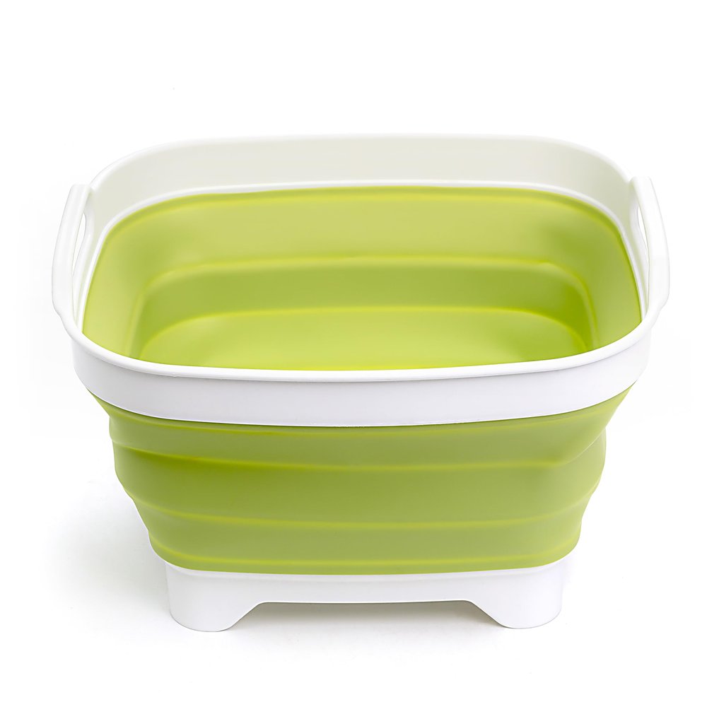 SAMMART 7.5L (2 gallons) Collapsible Plastic Dishpan with Draining Plug - Portable Washing Basin - Foldable Washing Tub - Pop Up Saving (White/Olive Green)