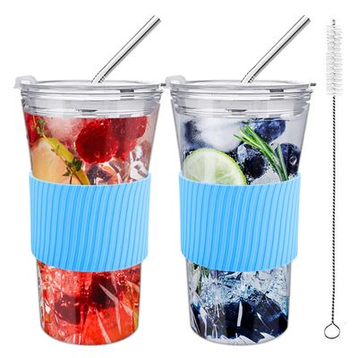 2 pcs Iced Coffee Cups with Lids, 16 oz Glass Cups with Lids and Straws, Reusable Tumbler with Silicone Sleeve, Wide Mouth Can Shaped Drinking Glasses for Coffee Juice Water Smoothie (Black)