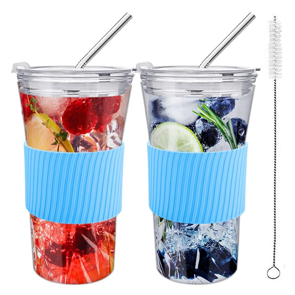 2 pcs Iced Coffee Cups with Lids, 16 oz Glass Cups with Lids and Straws, Reusable Tumbler with Silicone Sleeve, Wide Mouth Can Shaped Drinking Glasses for Coffee Juice Water Smoothie (Black)
