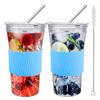 2 pcs Iced Coffee Cups with Lids, 16 oz Glass Cups with Lids and Straws, Reusable Tumbler with Silicone Sleeve, Wide Mouth Can Shaped Drinking Glasses for Coffee Juice Water Smoothie (Black) view 1