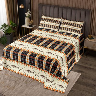 Erosebridal Fishing Themed Rustic Cabin Quilt Set Queen Farmhouse Lodge Bedspread Southwestern Buffalo Plaid Check Coverlet Set Fishing Rod River Fishes Quilted with 2 Pillow Cases Brown