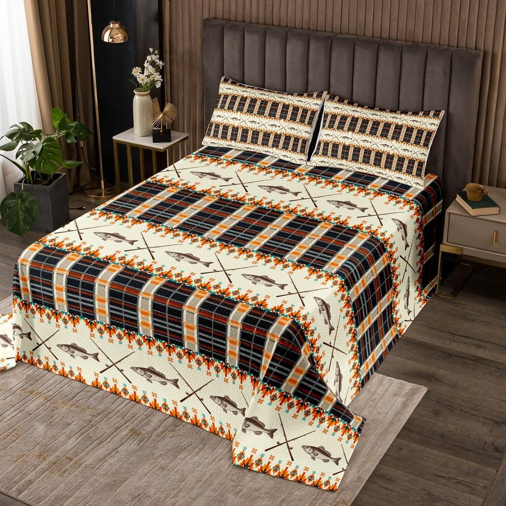 Erosebridal Fishing Themed Rustic Cabin Quilt Set Queen Farmhouse Lodge Bedspread Southwestern Buffalo Plaid Check Coverlet Set Fishing Rod River Fishes Quilted with 2 Pillow Cases Brown