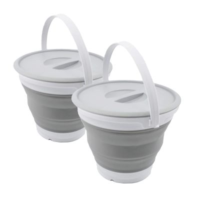 SAMMART 5.5L (1.4 Gallon) Collapsible Plastic Bucket with Lid - Foldable Round Tub with Lid - Portable Fishing Water Pail - Space Saving Outdoor Waterpot. (White/Grey (Set of 2))