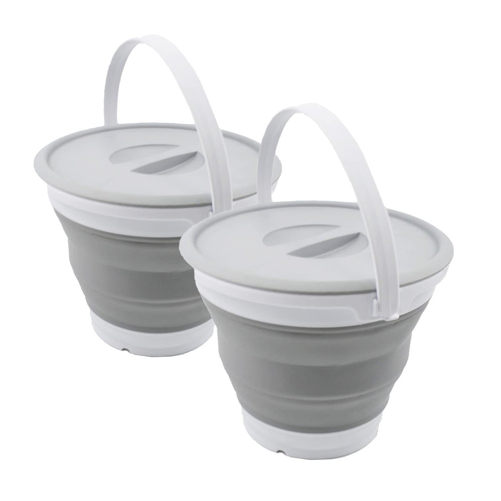 SAMMART 5.5L (1.4 Gallon) Collapsible Plastic Bucket with Lid - Foldable Round Tub with Lid - Portable Fishing Water Pail - Space Saving Outdoor Waterpot. (White/Grey (Set of 2))