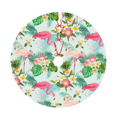 Flamingo Christmas Tree Skirt for Xmas Holiday Party Supplies Large Tree Mat Decor, Tropical Summer Pink Flamingo Palm Leaves Flowers Ornaments 30"