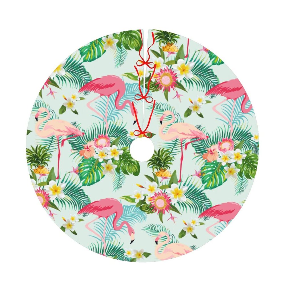 Flamingo Christmas Tree Skirt for Xmas Holiday Party Supplies Large Tree Mat Decor, Tropical Summer Pink Flamingo Palm Leaves Flowers Ornaments 30"
