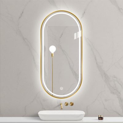 YFZNWHX Oval LED Bathroom Mirror, Metal Frame LED Illuminated Makeup Vanity Mirror, Wall Mirror, 3 Color Temperature, Dimmable (Color : Gold, Size : 40x60CM)