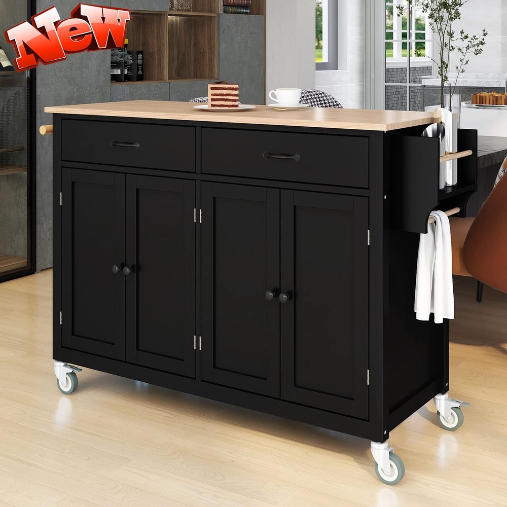 DOONREXS New Upgrade Thicken Wooden Kitchen Island on Wheels with Storage, Space-Saving Mobile Rolling Kitchen Island Cart with 2 Large Storage Drawers and Cabinet, Spice Rack, Towel Rack (Black)