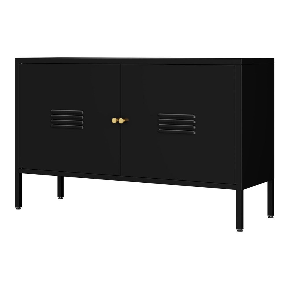 LINGZOE 2 Door Black Sideboard with 2-Layer partition, Metal TV Stand Accent Cabinet with Storage for livingroom