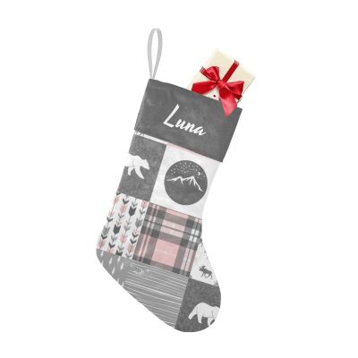 XOZOTY Patchwork Woodland Bear Reindeer Customized Christmas Socks Xmas Stockings for Family Holiday Christmas Party Decorations 17.52 x 7.87 Inch
