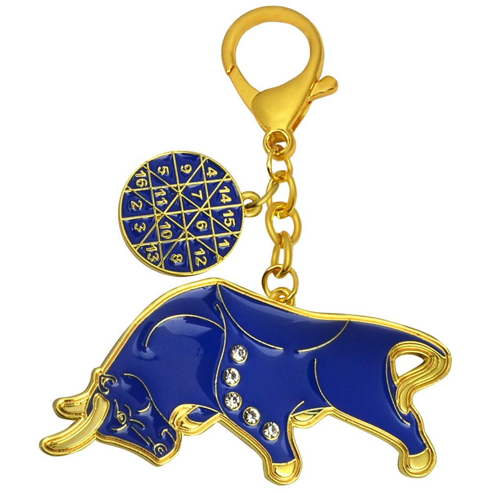 fengshuisale Big Money Bull Amulet Keychain Blue Bull Keychain Good Luck for Career and Wealth W5327