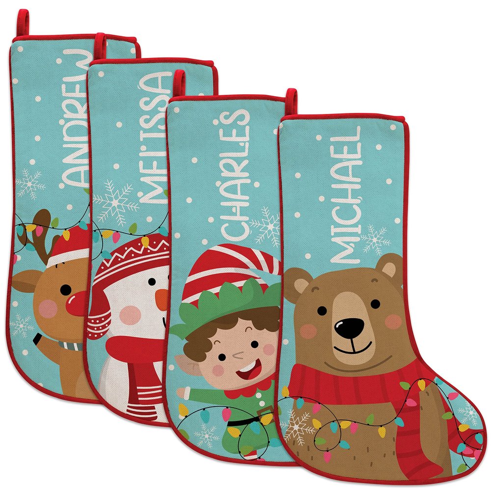 Be Burgundy Kids Christmas Stockings Personalized, Custom Stockings with Name, 4 Pack - 6 Designs, 19 Inch - Snowman, Reindeer, Bear, Elf, Penguin, Santa Themed Stockings
