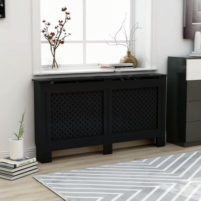 Gecheer Radiator Cover, Modern Slatted Design MDF Cabinet with Honeycomb Pattern, Black for Living Room Home Decor and Additional Shelf Space