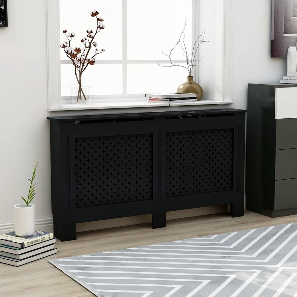 Gecheer Radiator Cover, Modern Slatted Design MDF Cabinet with Honeycomb Pattern, Black for Living Room Home Decor and Additional Shelf Space