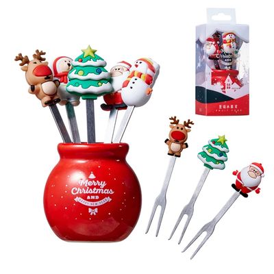 Christmas Salad Forks Set Silicone Fruit Fork Salad Fork With Stainless Steel Kids Food Fork Ceramic Cup Holder Reusable Fruit Fork Decoration, 5 Christmas Fruit Forks+1 Ceramic Cup