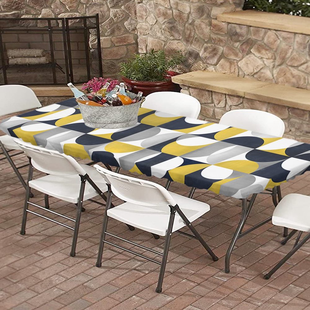 IDOWMAT 8 Ft Fitted Tablecloth Rectangle Table Cover Oil-Proof Wipeable Picnic Table Cover Reusable Durable Table Cover Protector Middle Ages Nordic Abstract Circle Pattern Elastic Edged Tablecloth