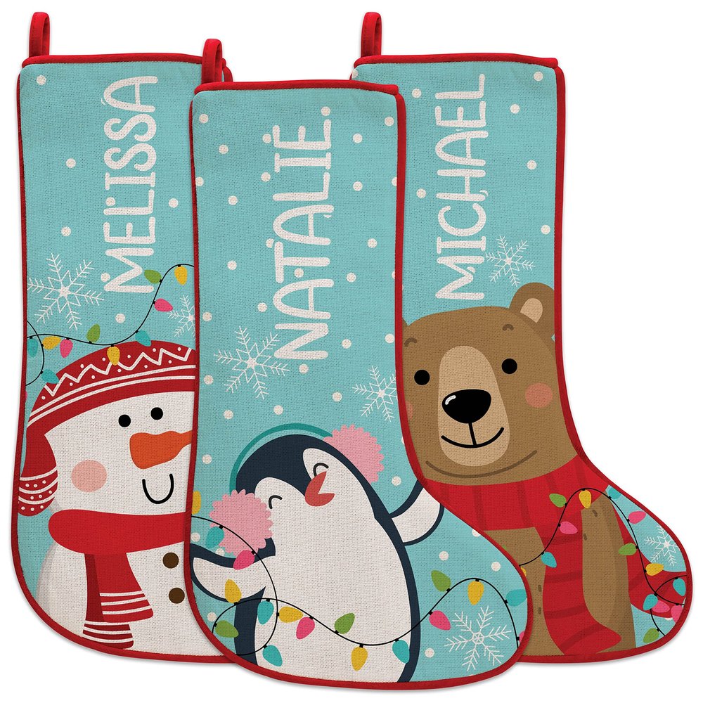 Be Burgundy Kids Christmas Stockings Personalized, Custom Stockings with Name, 3 Pack - 6 Designs, 19 Inch - Snowman, Reindeer, Bear, Elf, Penguin, Santa Themed Stockings