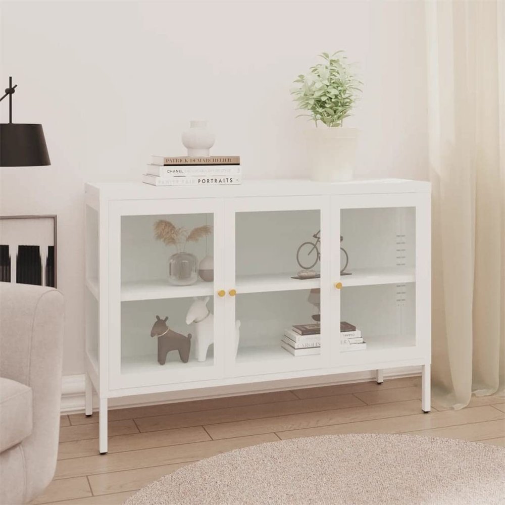 GOLINPEILO Metal Sideboard Storage Cabinet with Adjustable Shelf and 3 Glass Doors, Steel Cabinet Home Office Storage Cabinet, White Cabinet Organizer 41.3"x13.8"x27.6"(A)