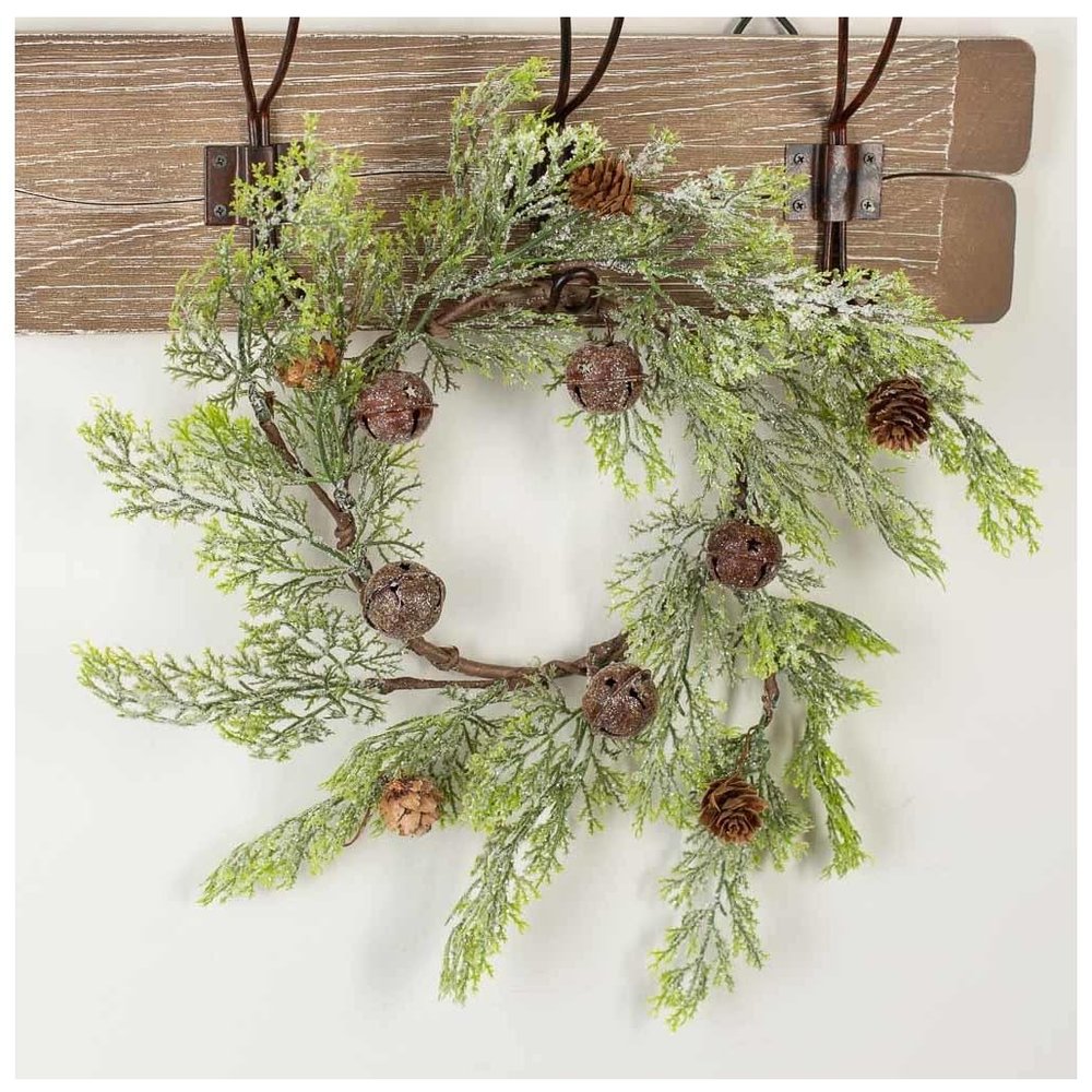 Artificial Glitter Dusted Pine and Rustic Bells Wreath for Christmas Decorating and Holiday Displays by Factory Direct Craft
