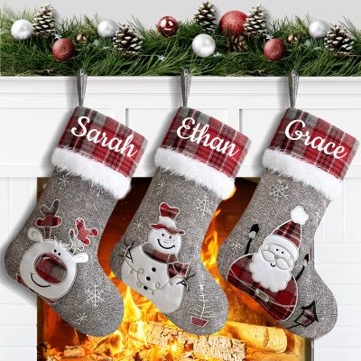 Amidaky Christmas Stockings Personalized Set of 6 Christmas Stockings Bulk 22 inch Santa Snowman Reindeer for Holiday Fireplace Decoration Red and Grey