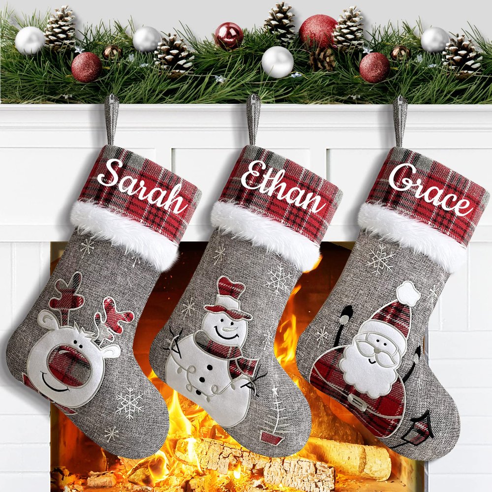 Amidaky Christmas Stockings Personalized Set of 6 Christmas Stockings Bulk 22 inch Santa Snowman Reindeer for Holiday Fireplace Decoration Red and Grey