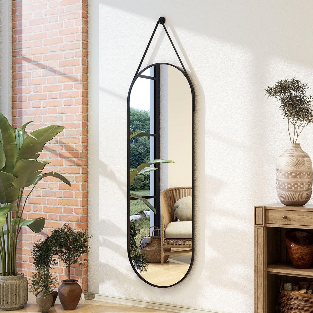 16''x48'' Full Length Mirror, Modern Oval Door Mirror Full Length with Hanging Leather Cord, Wall Mounted Mirror with Hanging Leather Strap for Bathroom Vanity Living Room Bedroom EntranceBlack