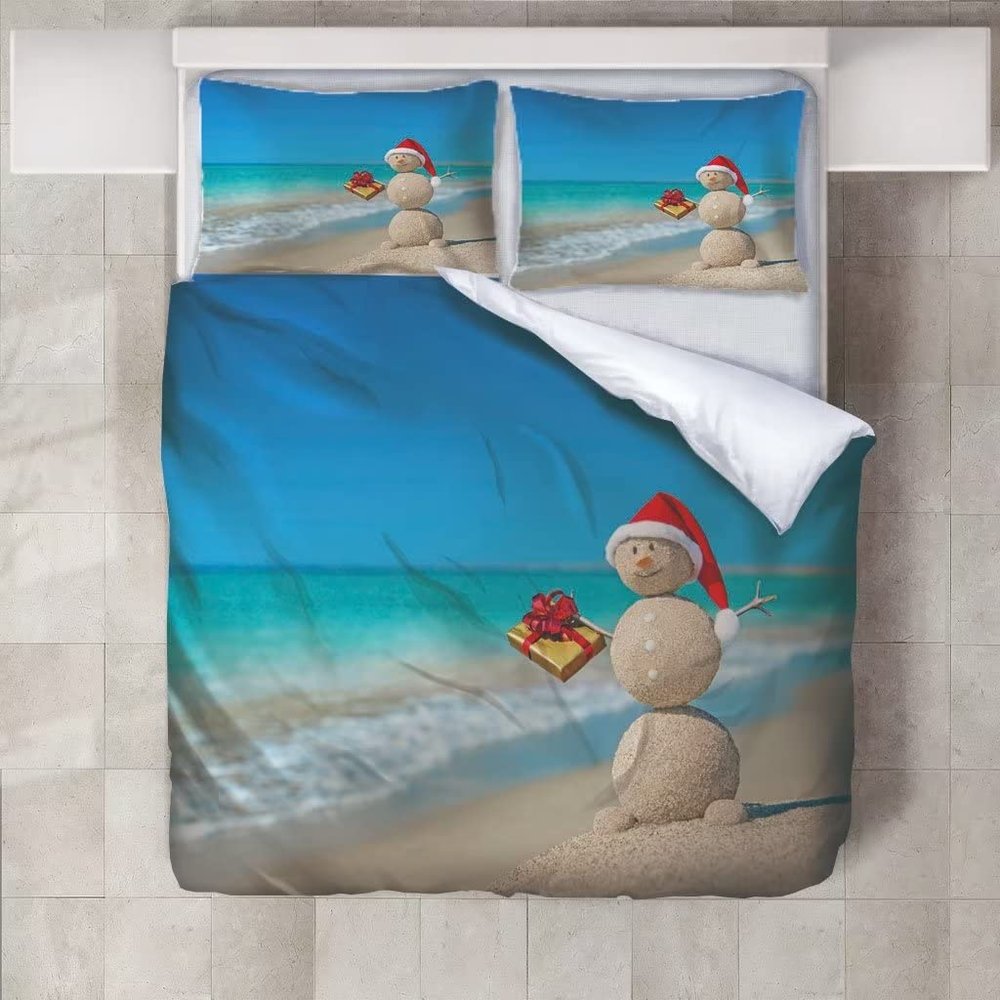 Roadchoice A Snowman on The Beach Bedding Set King Size,Beach Duvet Cover Set 3pcs for Kids Teens Women Home Decor, Christmas Quilt Cover with 2 Pillowcases